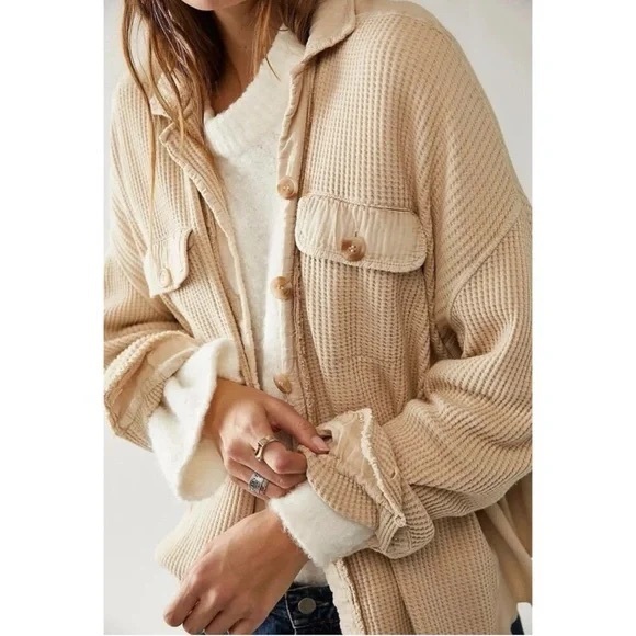 Free People One Scout Jacket Shacket Waffle Thermal Knit Slouchy Nude Sand - Picture 1 of 16